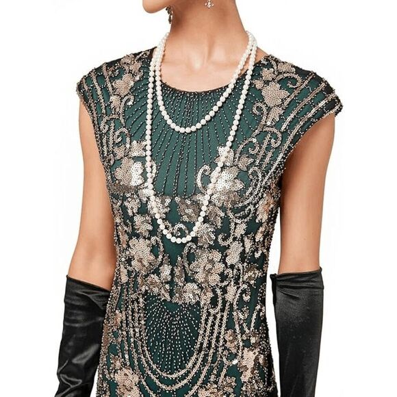 💚✨ 7PCS 1920s Great Gatsby Flapper Green Sequin Dress & Accessories Set 3XL NEW - Picture 3 of 16